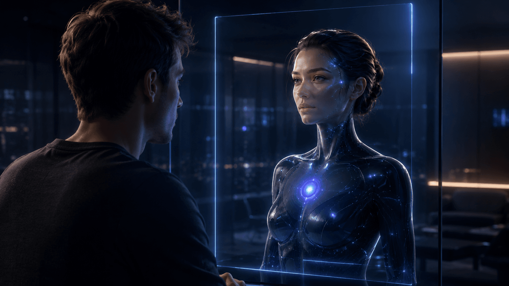 A man stands across from his AI Twin behind a glass screen. She has soft synthetic skin with blue neural traces and a glowing core, looking back at him with a calm, attentive expression.
