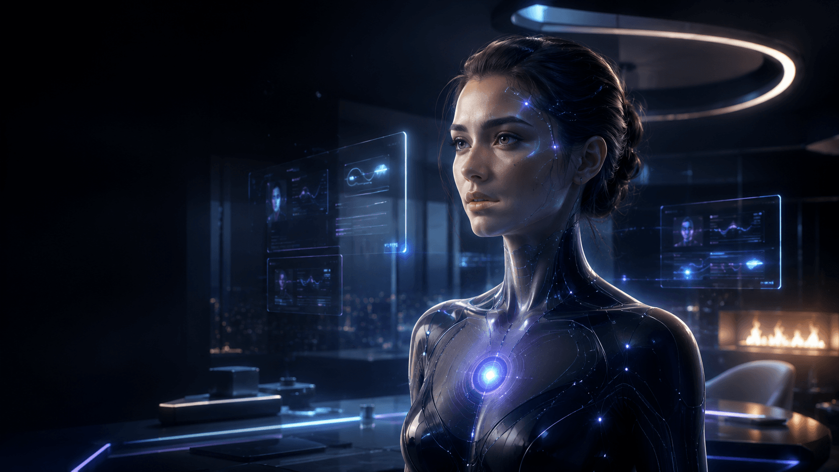 A personal AI Twin in a softly-lit night-time interior — a half-figure with glowing neural lines beneath synthetic skin and a soft blue core at the chest.