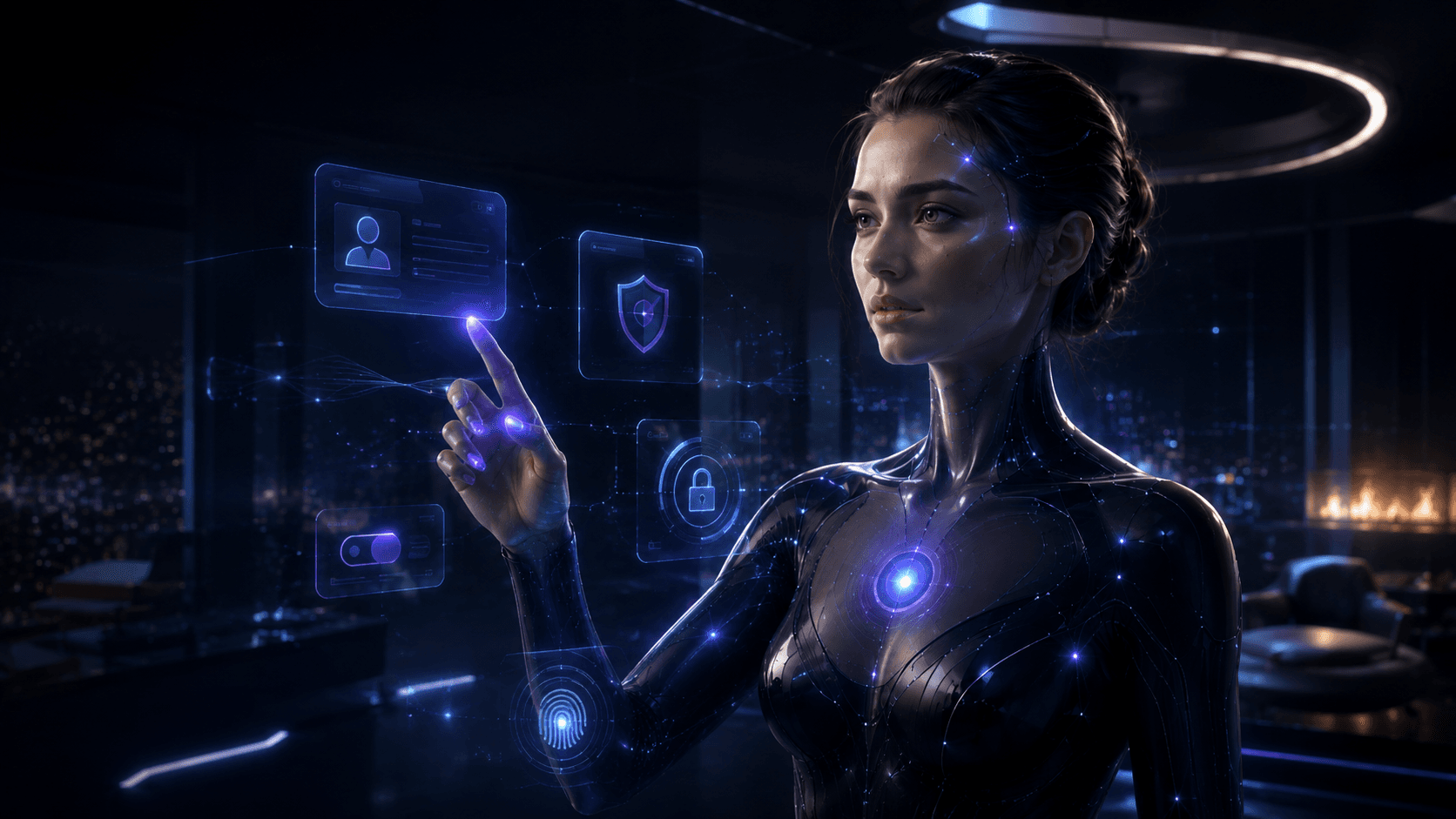 An AI Twin gently touches a holographic consent panel — fingerprint, identity card, shield, and lock icons floating in a darkened futuristic room.